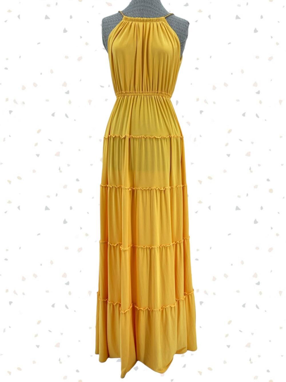 Yellow Goddess Maxi Dress Gold Rope Halter Tiered Long Resort T Bags LA Size S